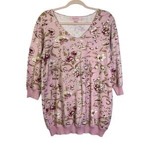 APRIL CORNELL Sweater Sunday Rose V-Neck‎ Cotton Floral Half Sleeve Ribbed Cuff